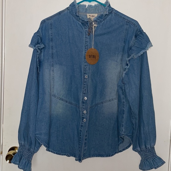 ANAHI SHOULDER RUFFLE DETAILED DENIM SHIRT - Picture 4 of 6